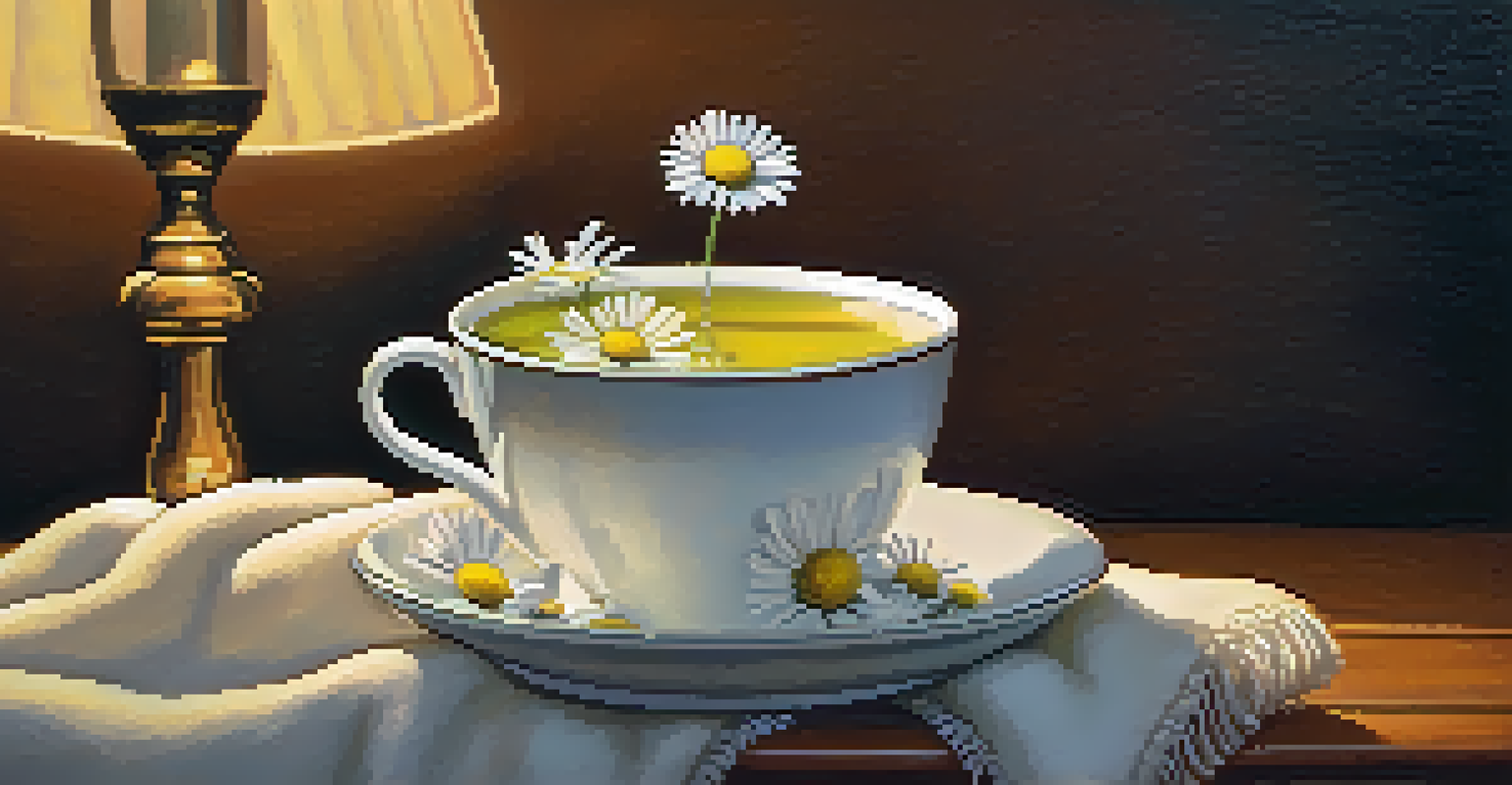 A comforting cup of chamomile tea with flowers on a wooden side table, creating a warm and inviting atmosphere.