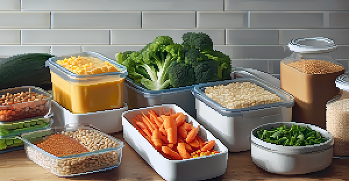 A well-organized meal prep setup with colorful whole foods and portioned meals in clear containers.