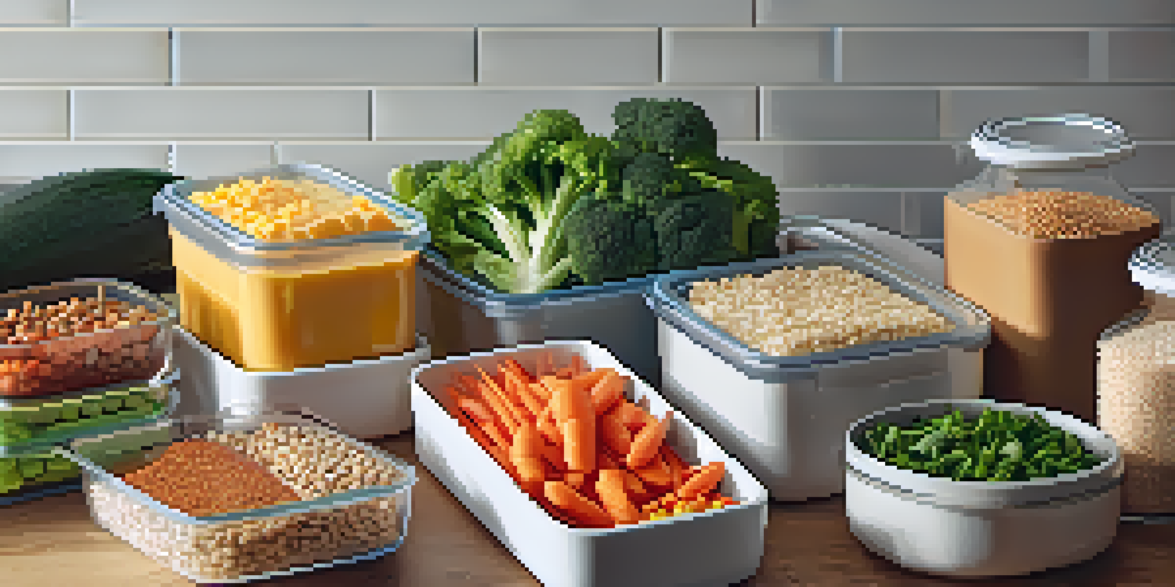 A well-organized meal prep setup with colorful whole foods and portioned meals in clear containers.