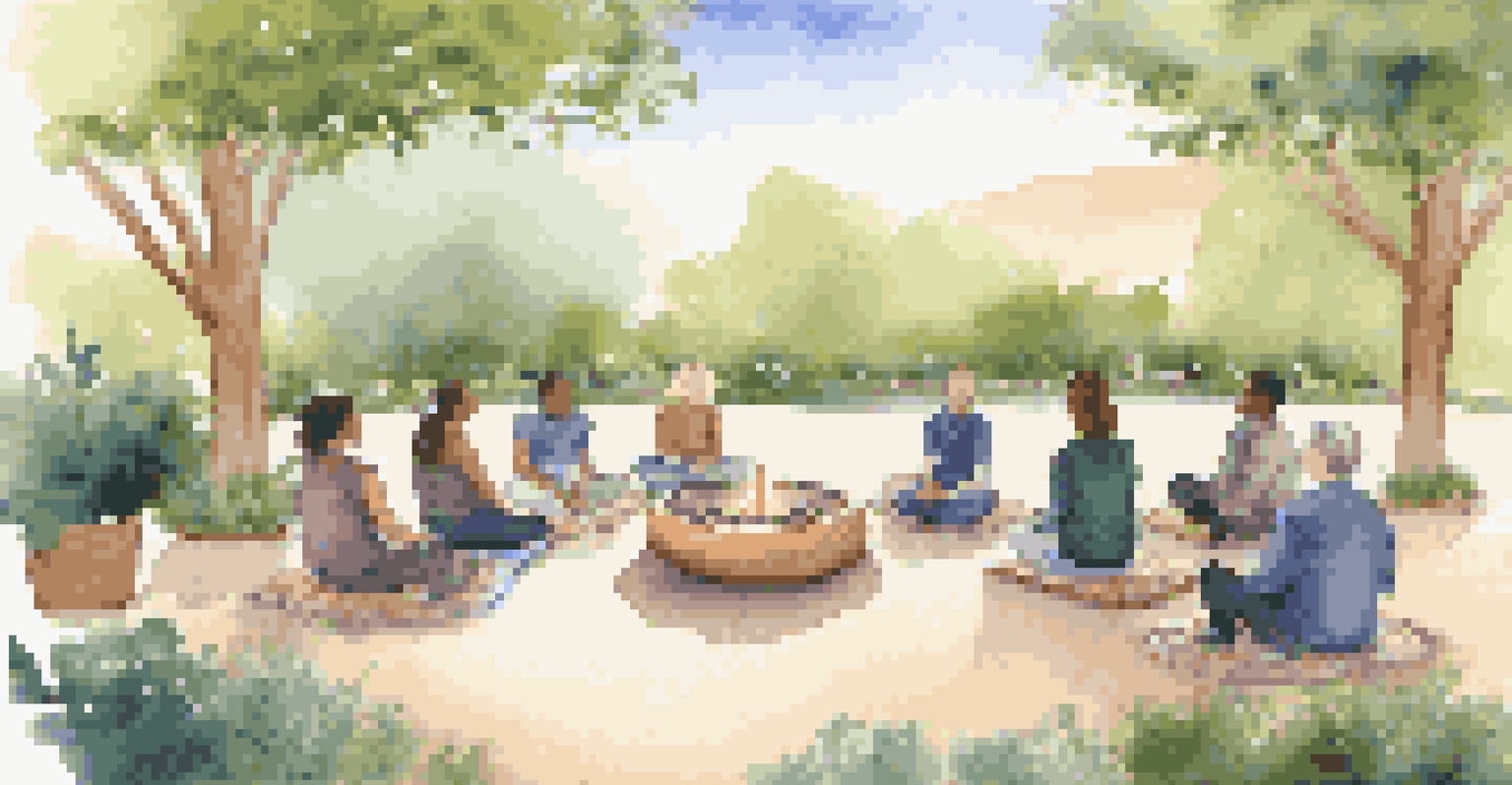 A peaceful outdoor workshop scene focused on mental health, featuring participants in a circle, engaged in mindfulness activities surrounded by nature.