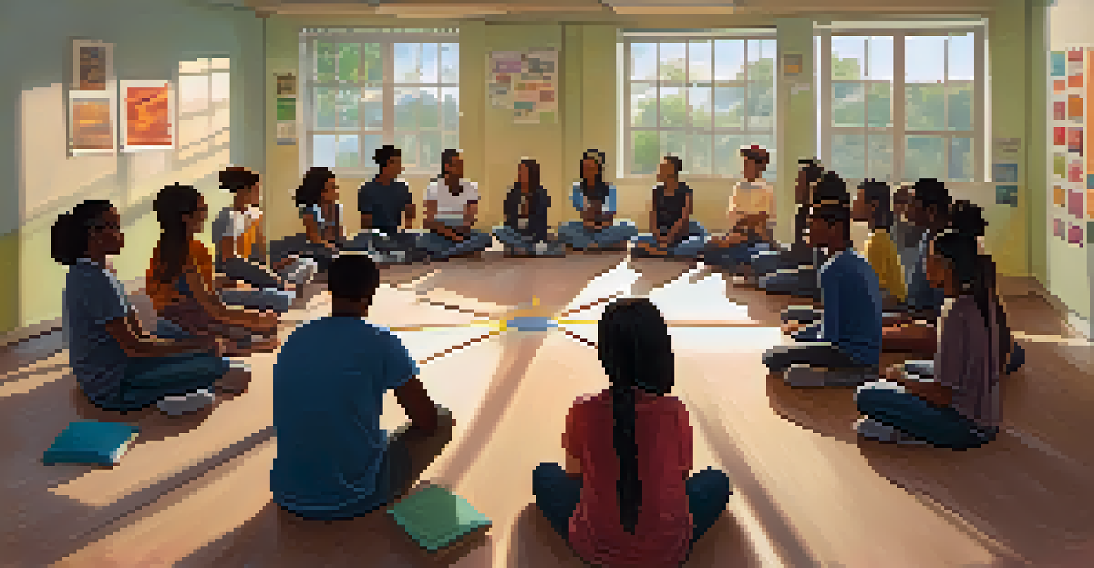 A classroom with students seated in a circle, engaging in a supportive mental health discussion, with warm lighting and motivational posters around.