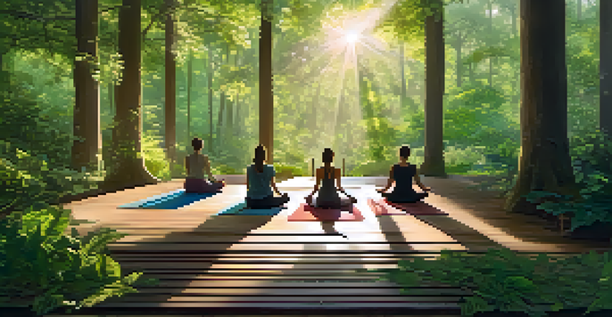 A serene outdoor yoga retreat in a forest with participants practicing yoga on wooden decks, surrounded by trees and dappled sunlight.