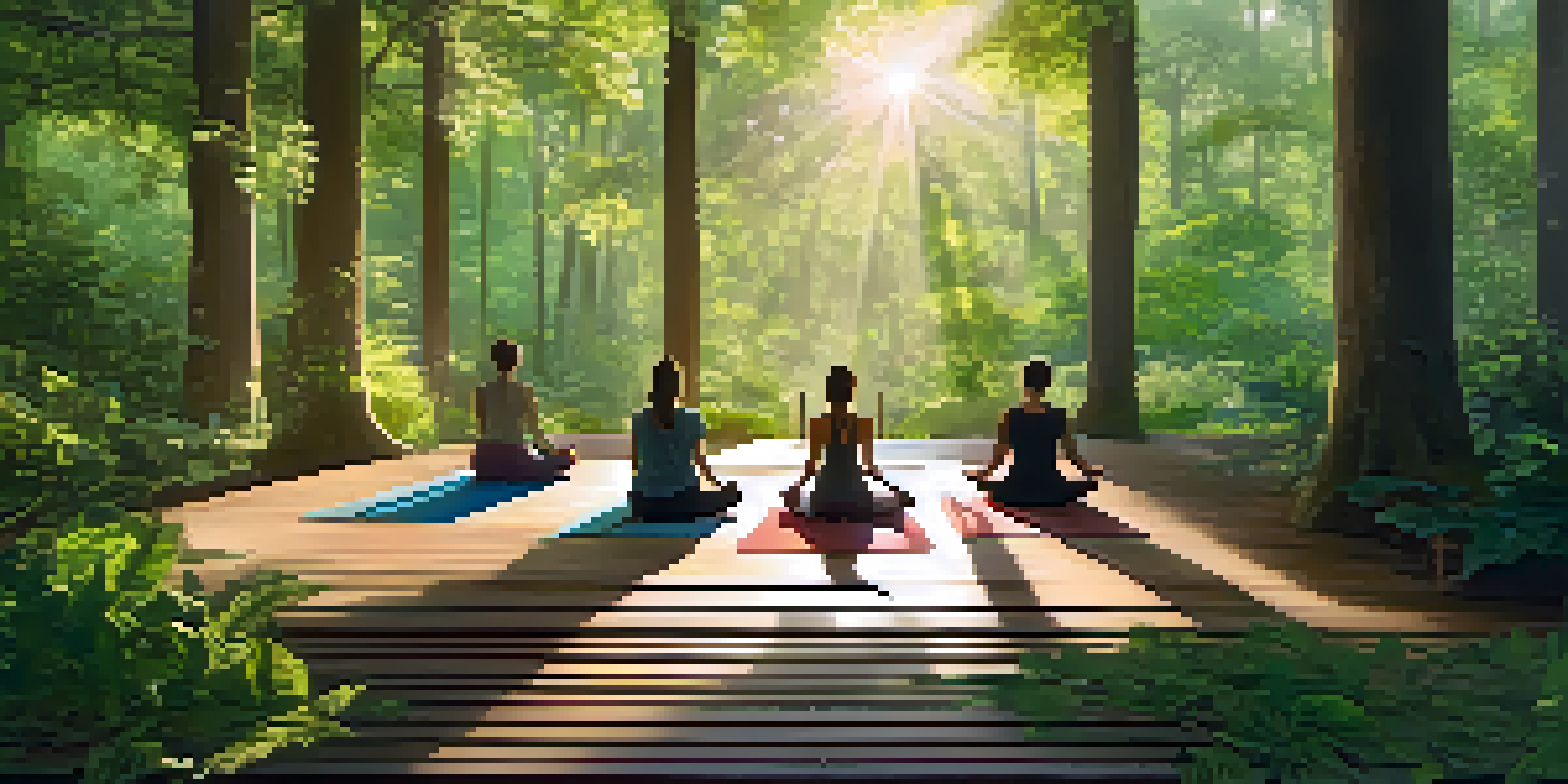 A serene outdoor yoga retreat in a forest with participants practicing yoga on wooden decks, surrounded by trees and dappled sunlight.