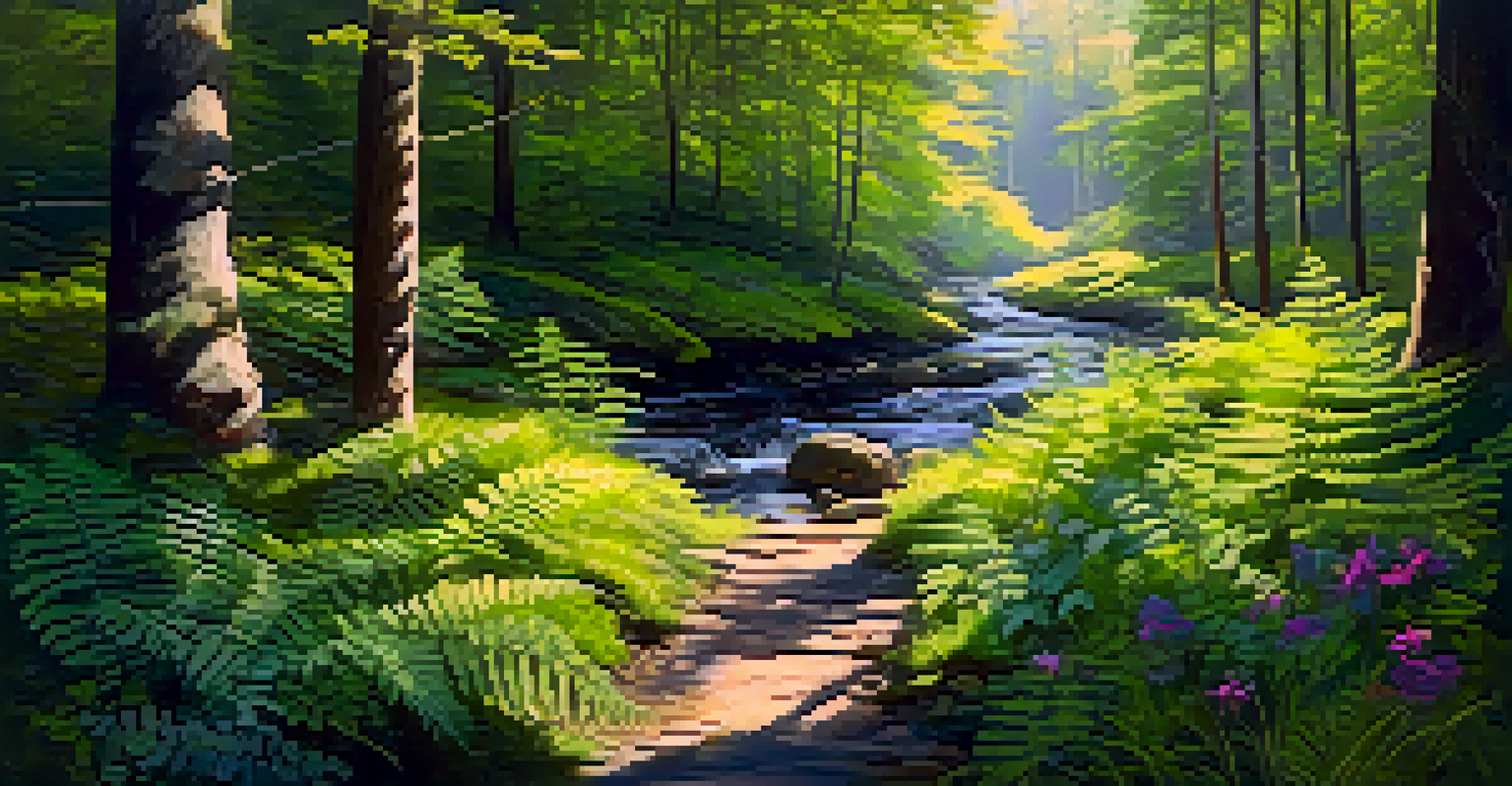 A tranquil forest with sunlight, a stream, and a wooden bench surrounded by greenery and wildflowers.
