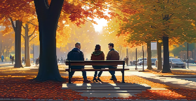 A peaceful park with people in conversation, bathed in golden hour light, surrounded by autumn leaves.