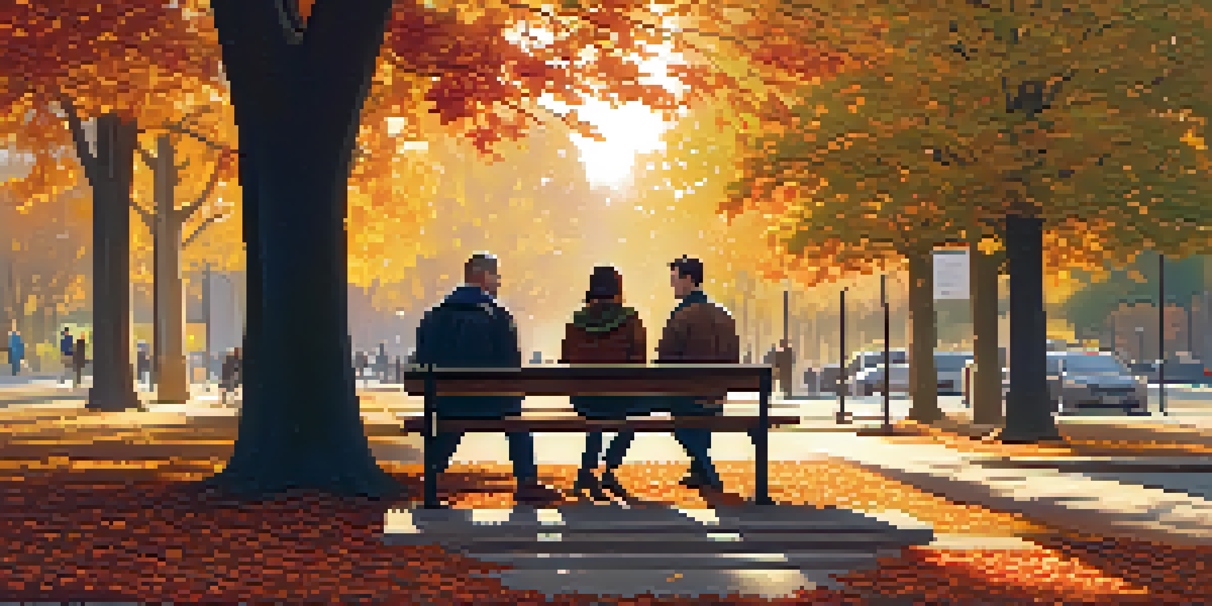 A peaceful park with people in conversation, bathed in golden hour light, surrounded by autumn leaves.