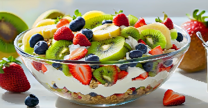 A colorful fruit salad in a clear bowl with yogurt and granola on top, illuminated by natural sunlight in a kitchen setting.