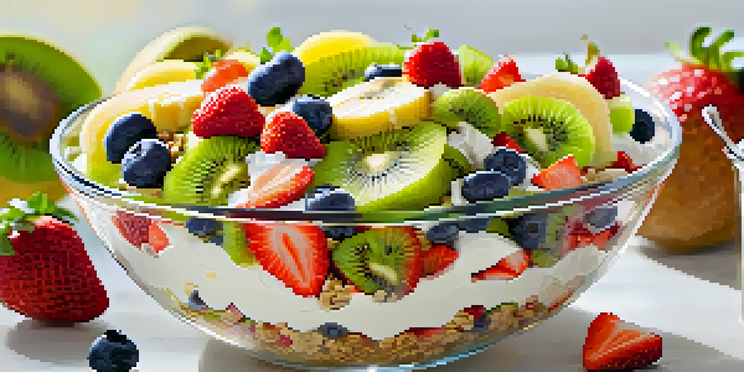 A colorful fruit salad in a clear bowl with yogurt and granola on top, illuminated by natural sunlight in a kitchen setting.