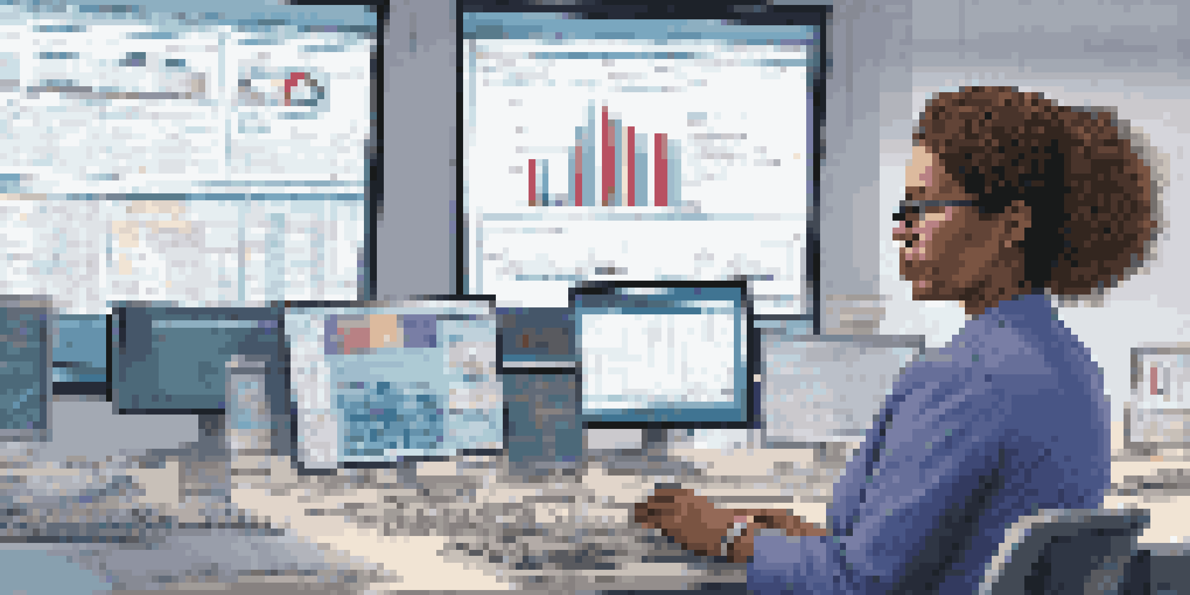 A healthcare professional working with electronic health records on multiple screens, with colorful graphs and patient data visible.