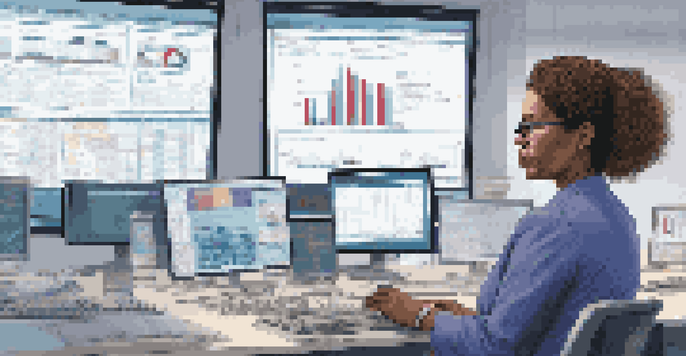A healthcare professional working with electronic health records on multiple screens, with colorful graphs and patient data visible.