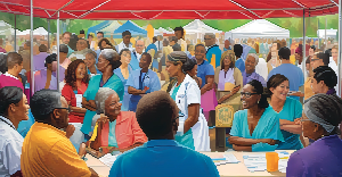 A diverse group of healthcare providers and community members discussing at a health fair, showcasing inclusivity and engagement.