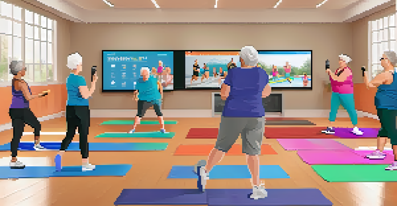 Seniors participating in a virtual fitness class in a community center, following an instructor on a large screen.