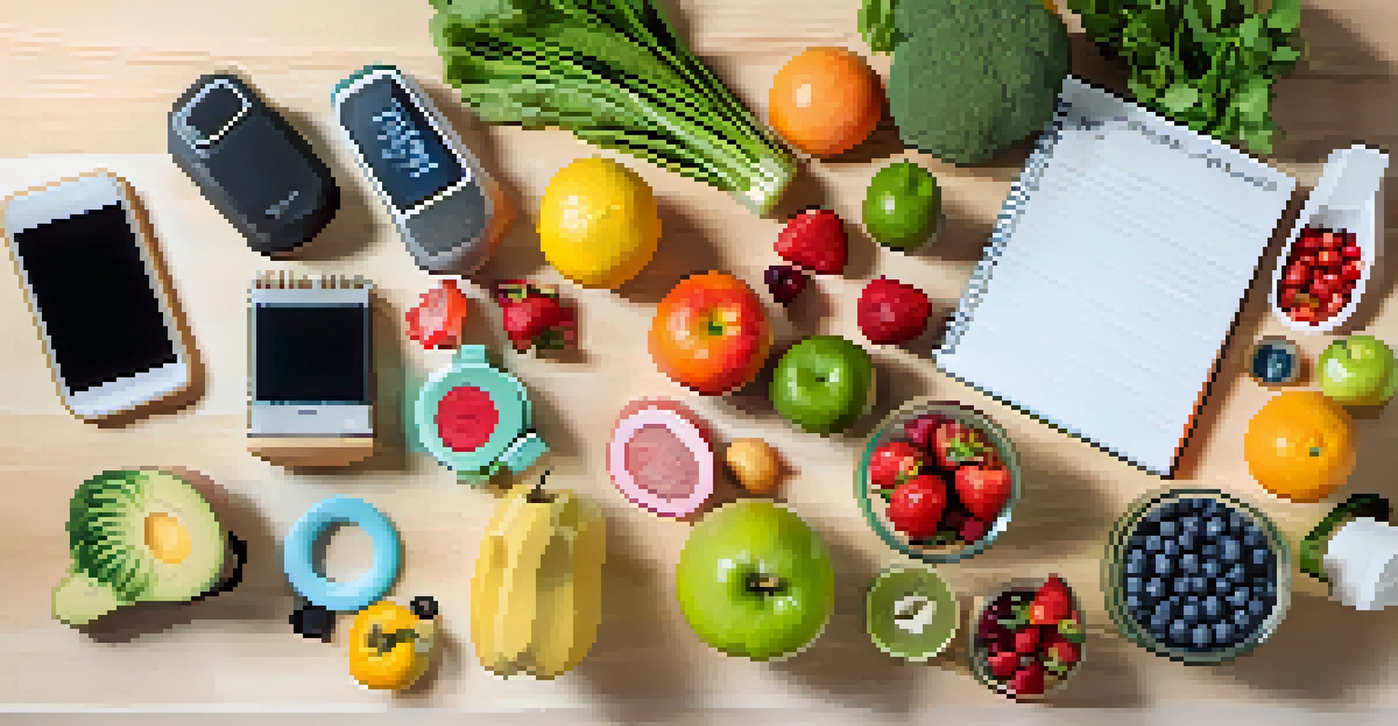 A flat lay of fresh fruits, vegetables, a fitness tracker, and a notepad on a wood surface, symbolizing healthy living.