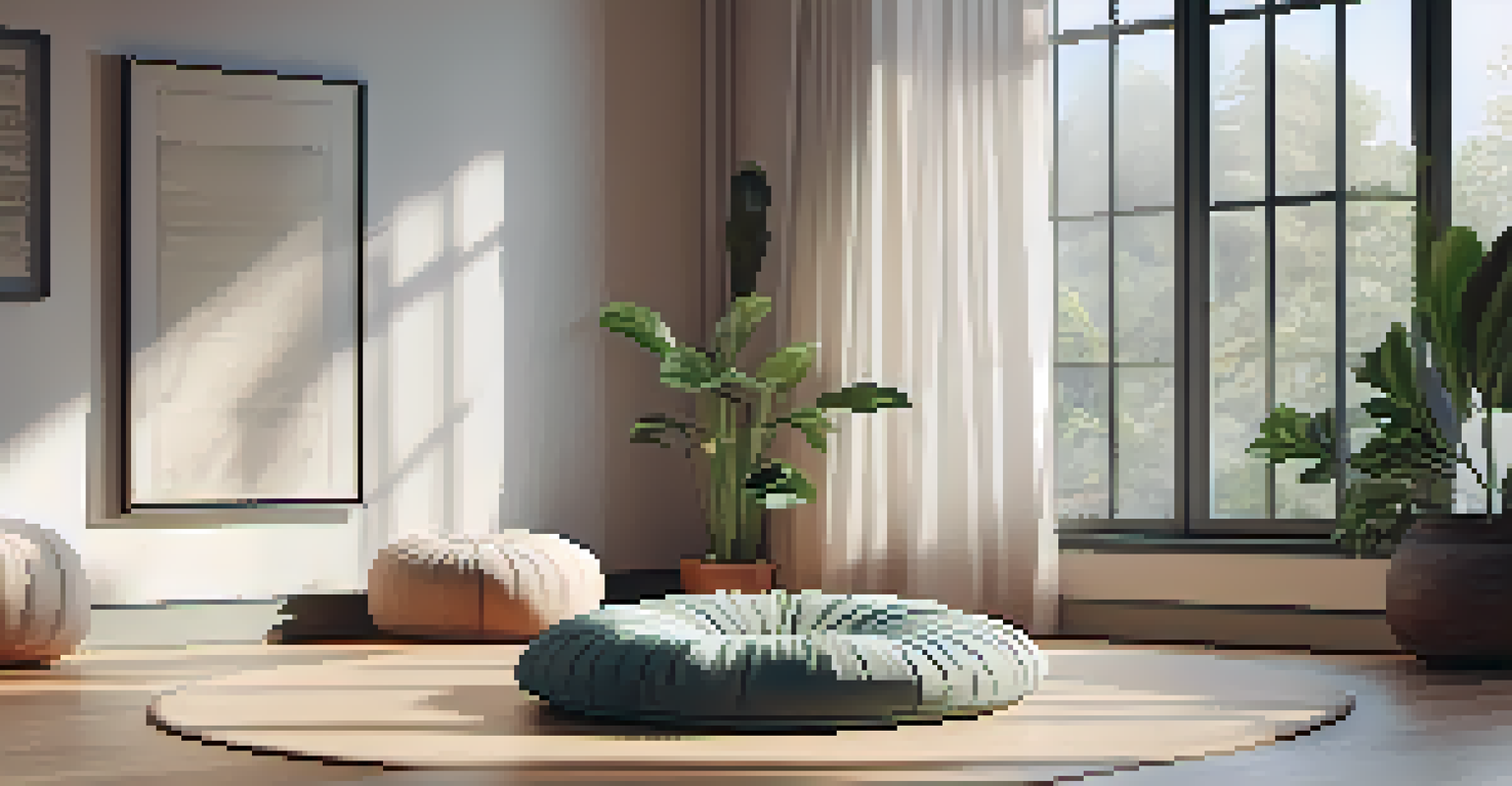 A cozy meditation space with cushions in a circle, natural light coming through windows, and a small indoor plant.