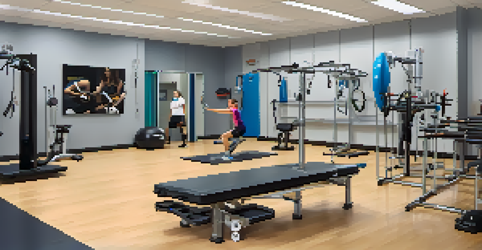 A coach helping an injured athlete in a well-equipped rehabilitation room, emphasizing recovery and support.