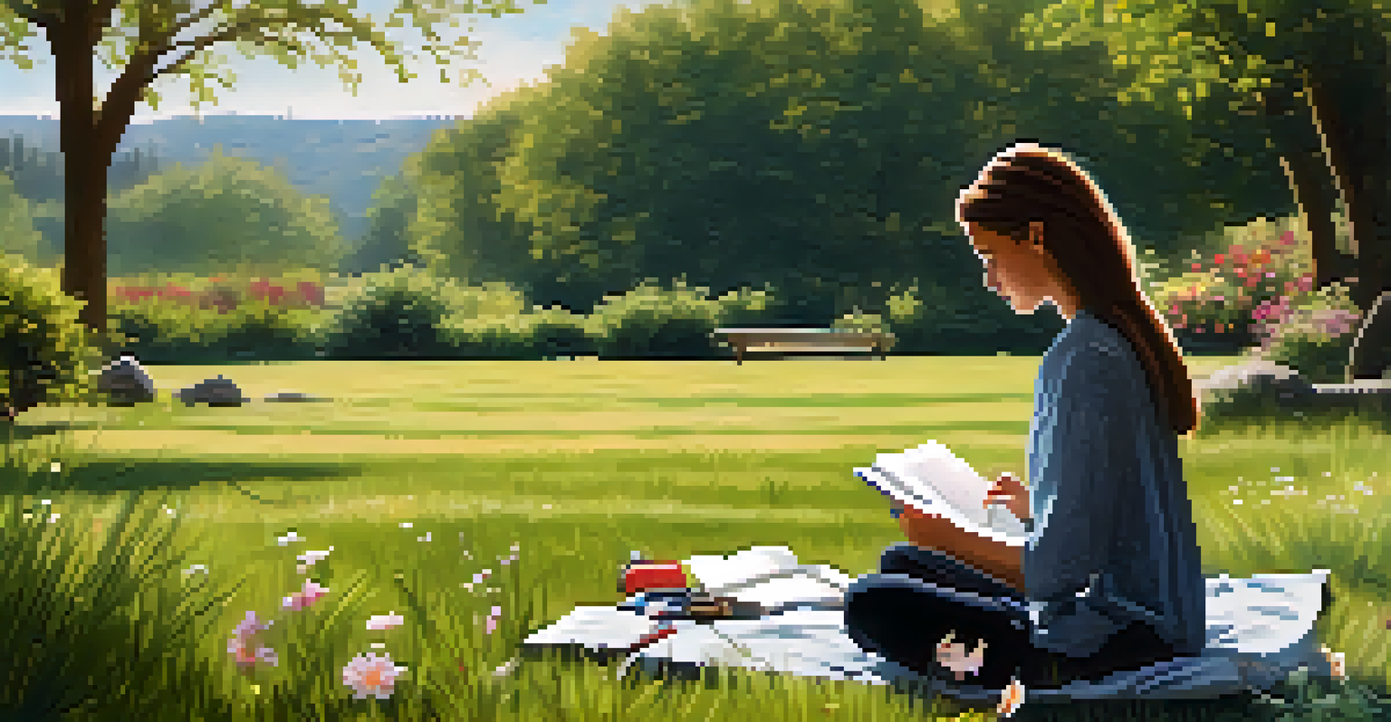 A person journaling on a blanket in a peaceful park, surrounded by flowers and trees, enjoying the tranquility of nature.