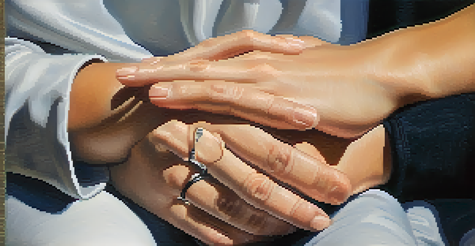 A close-up of two hands engaged in reflective listening, one hand resting on the other in a supportive gesture.