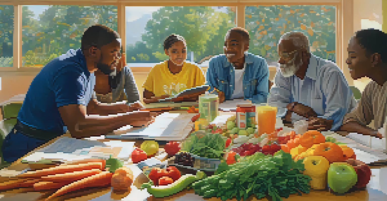 A diverse group of people discussing oral health and tobacco use around a table filled with educational pamphlets and healthy foods.