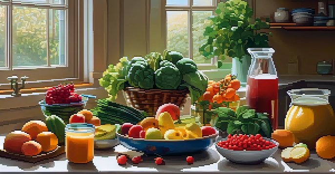 A bright kitchen with fresh fruits and vegetables on a wooden countertop, depicting a balanced meal preparation for an athlete.