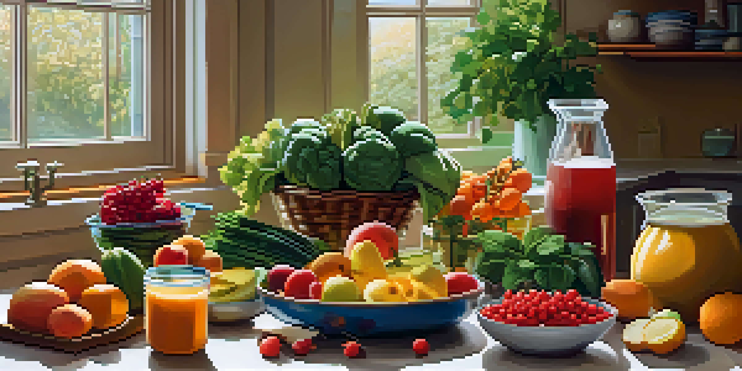 A bright kitchen with fresh fruits and vegetables on a wooden countertop, depicting a balanced meal preparation for an athlete.