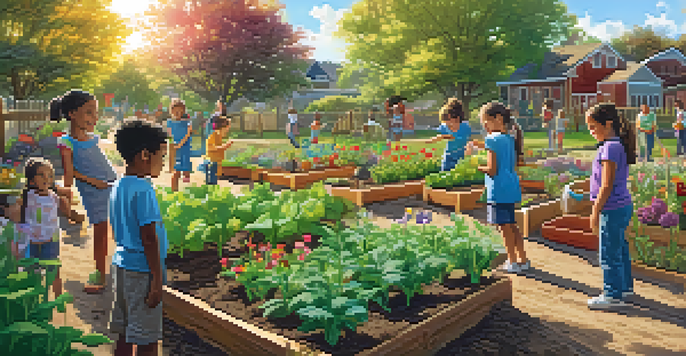 Children from diverse backgrounds working together in a colorful community garden, planting and watering vegetables and flowers under warm sunlight.