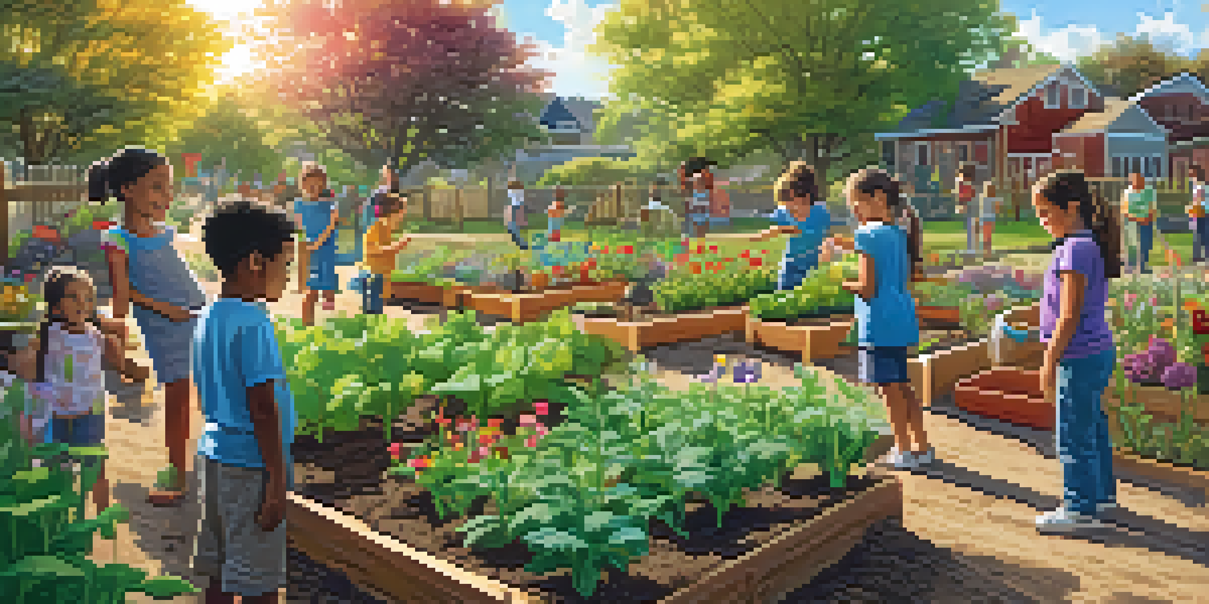 Children from diverse backgrounds working together in a colorful community garden, planting and watering vegetables and flowers under warm sunlight.