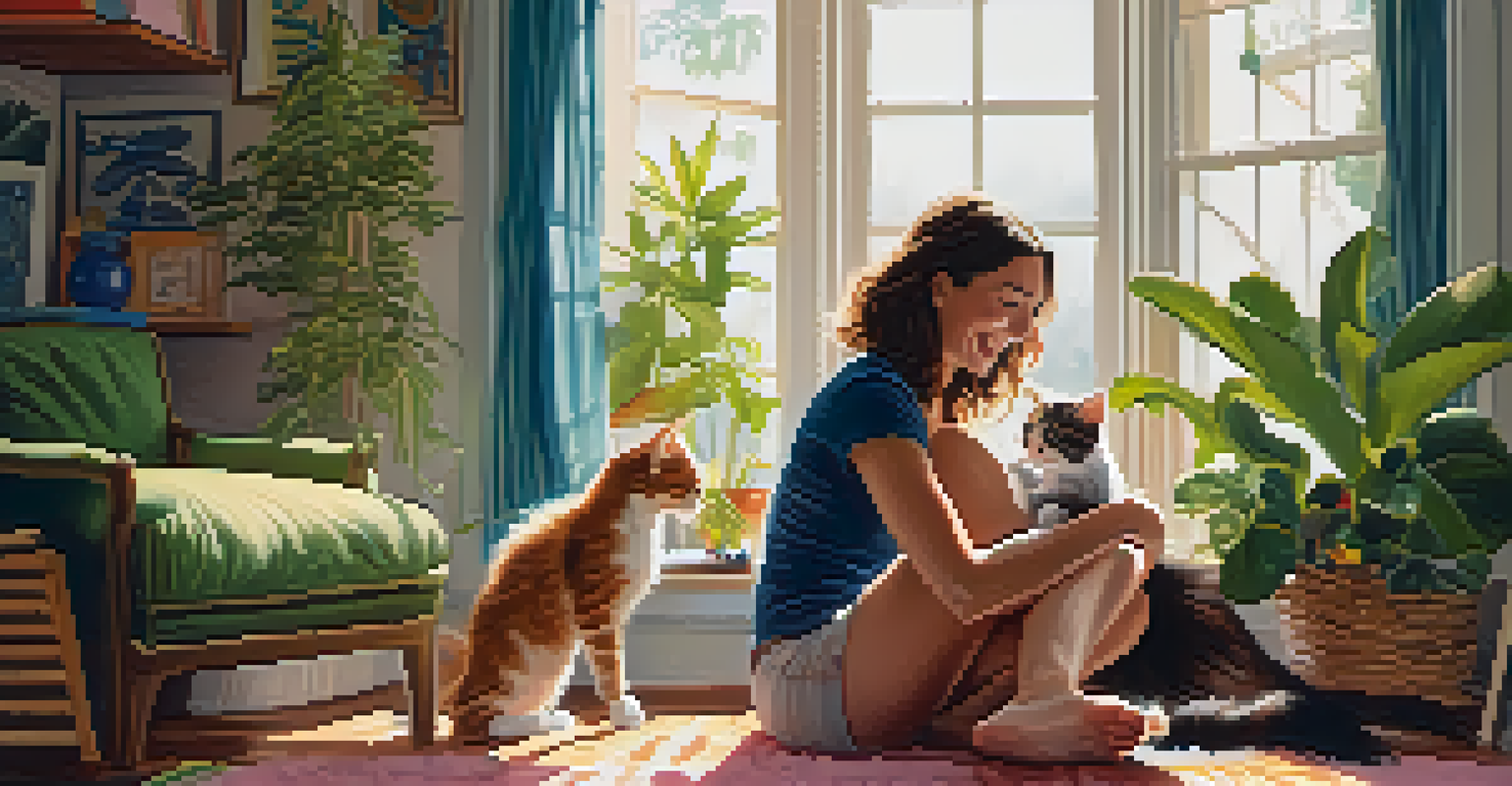 A young woman playing with a fluffy kitten in a bright living room filled with plants and cushions.