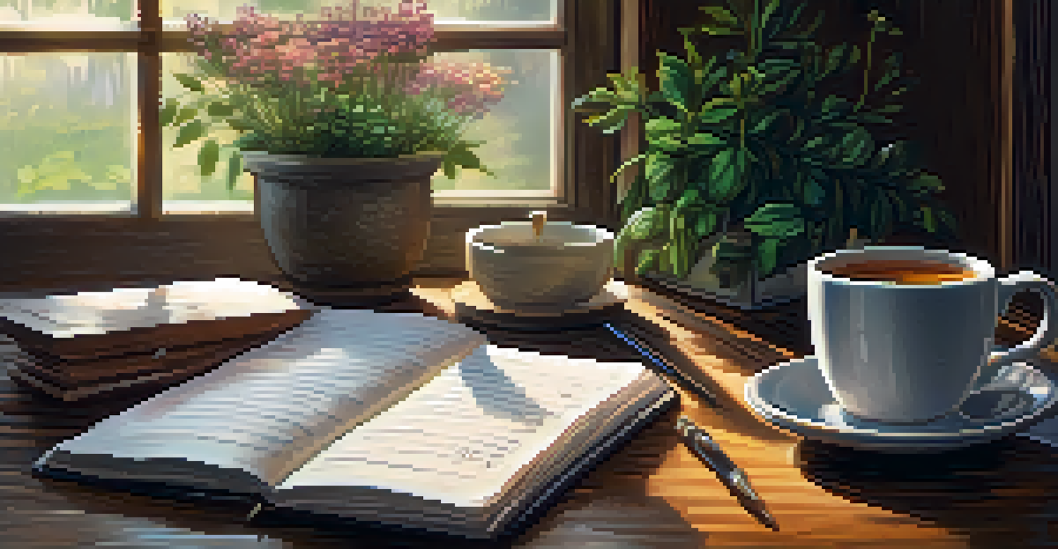 Close-up of hands writing in a journal on a wooden table with a cup of tea, reflecting on mindfulness.