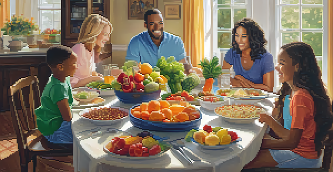 A diverse family enjoying a meal together at a dining table filled with healthy foods, sharing smiles and conversation in a warm atmosphere.