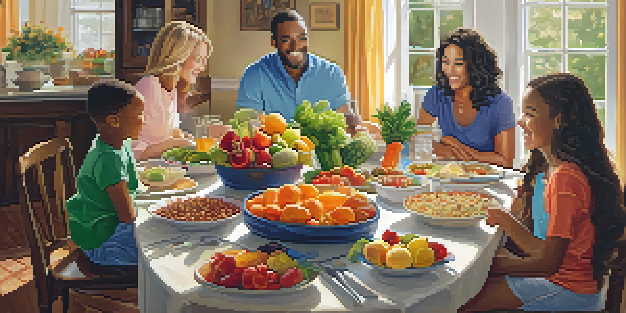 A diverse family enjoying a meal together at a dining table filled with healthy foods, sharing smiles and conversation in a warm atmosphere.