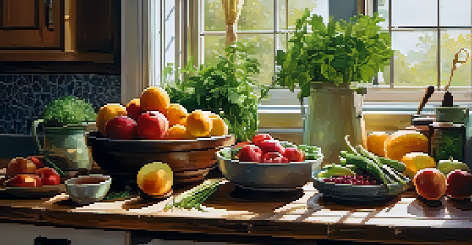 A bright and inviting holistic kitchen with organic fruits and vegetables on a wooden countertop, illuminated by soft natural light.