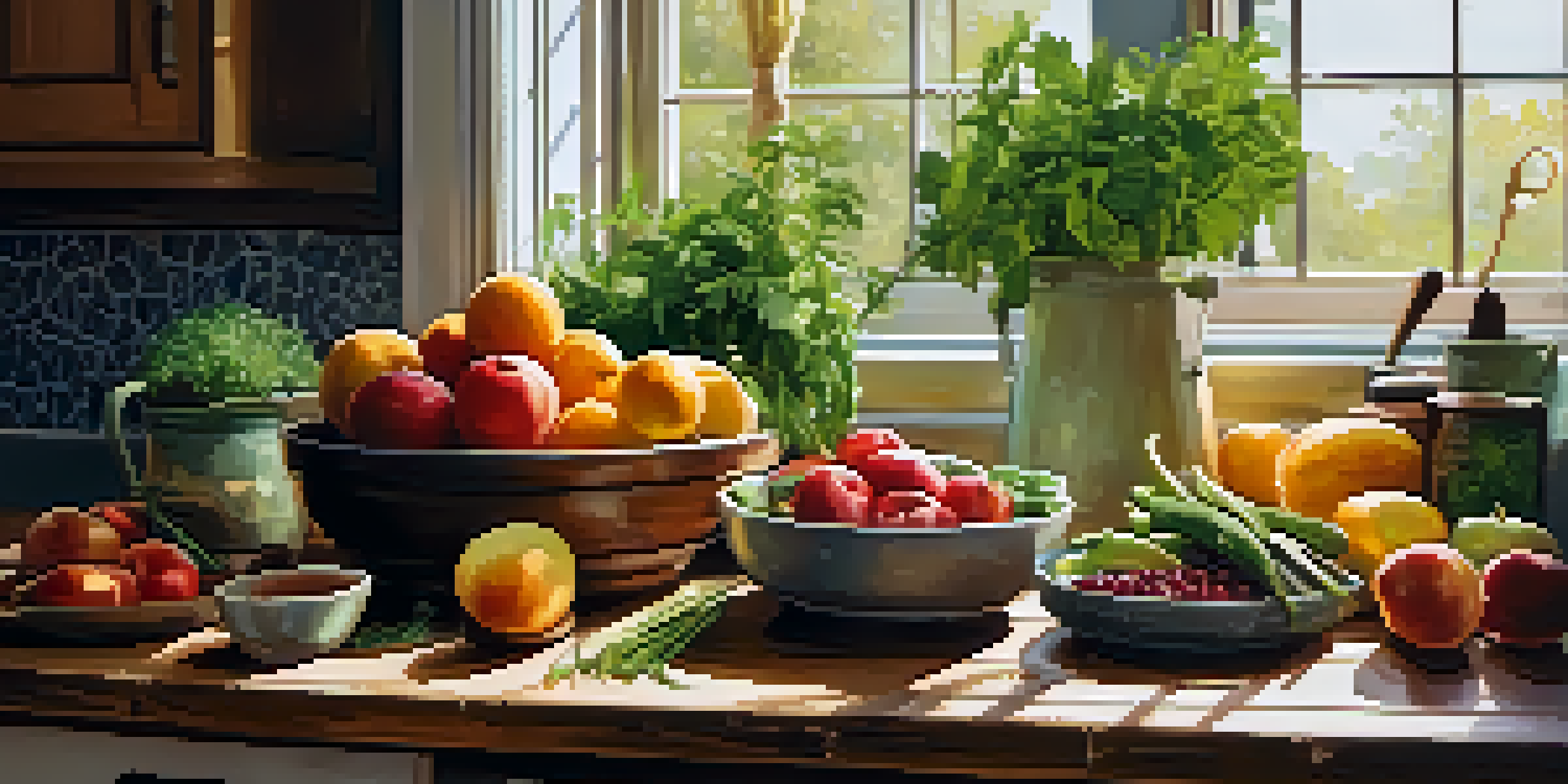 A bright and inviting holistic kitchen with organic fruits and vegetables on a wooden countertop, illuminated by soft natural light.