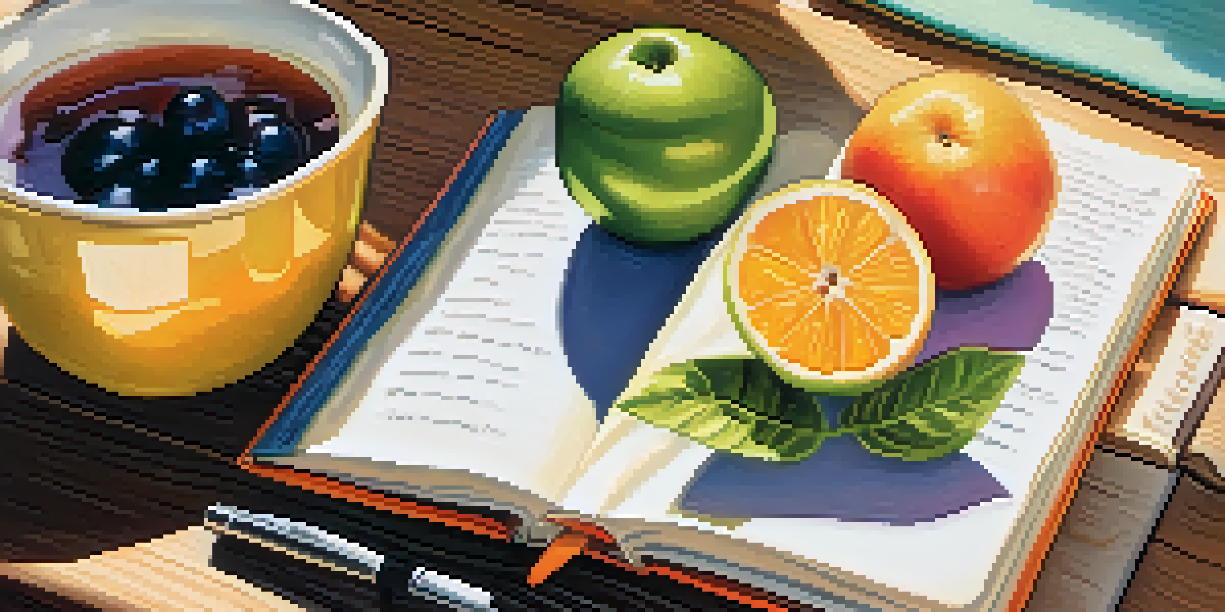 A close-up view of a food journal with colorful handwritten entries, a bowl of fresh fruits, and a cup of herbal tea, with sunlight streaming in.