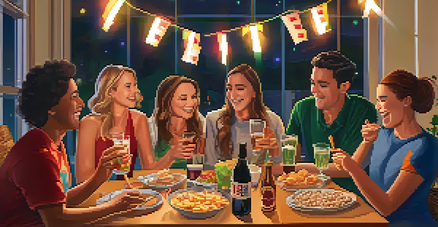 A group of friends celebrating with a toast in a cozy living room, with a banner that reads 'Milestone Achieved' in the background.