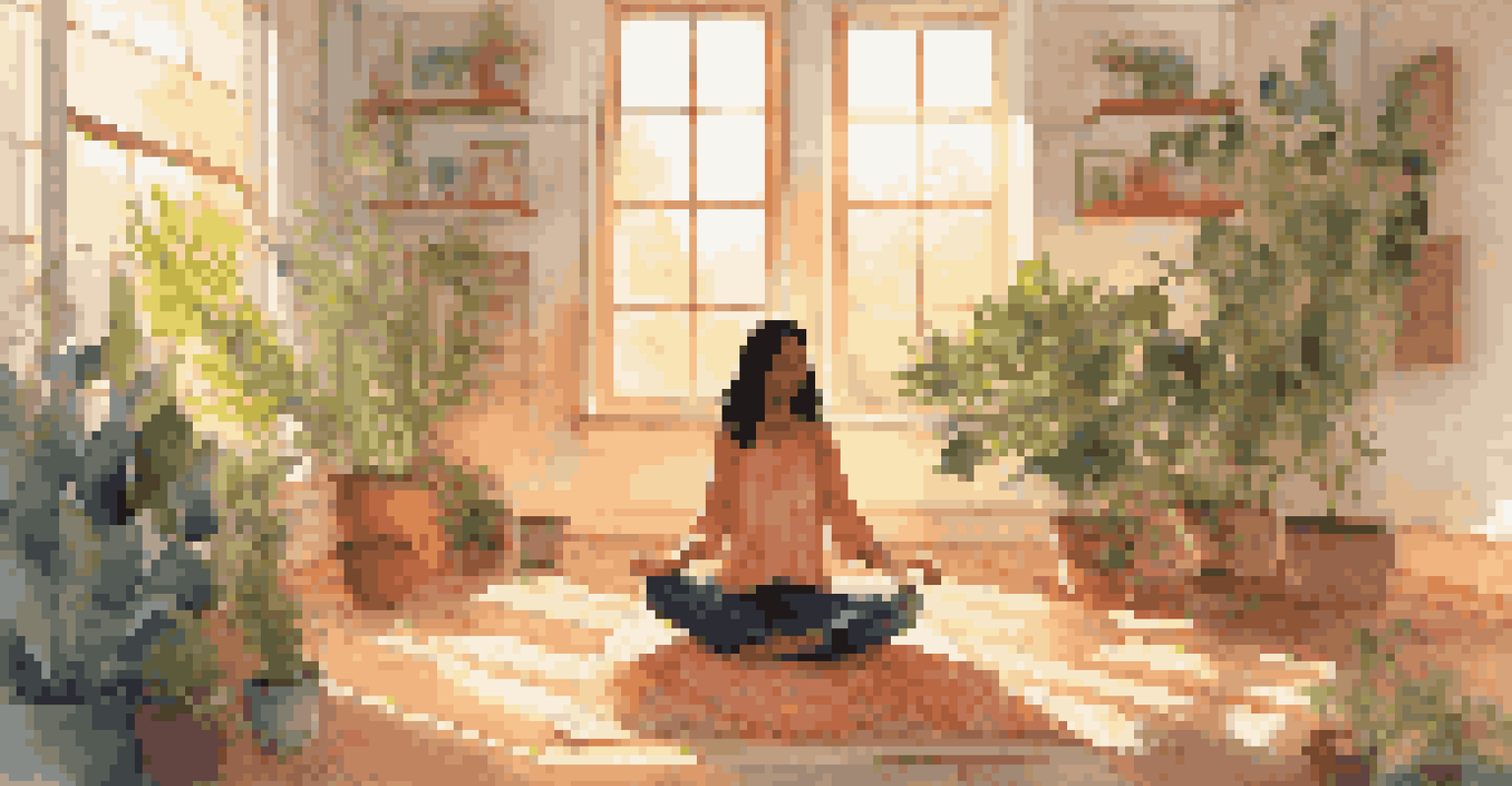 A woman meditating in a sunlit room filled with plants and candles, creating a peaceful atmosphere.