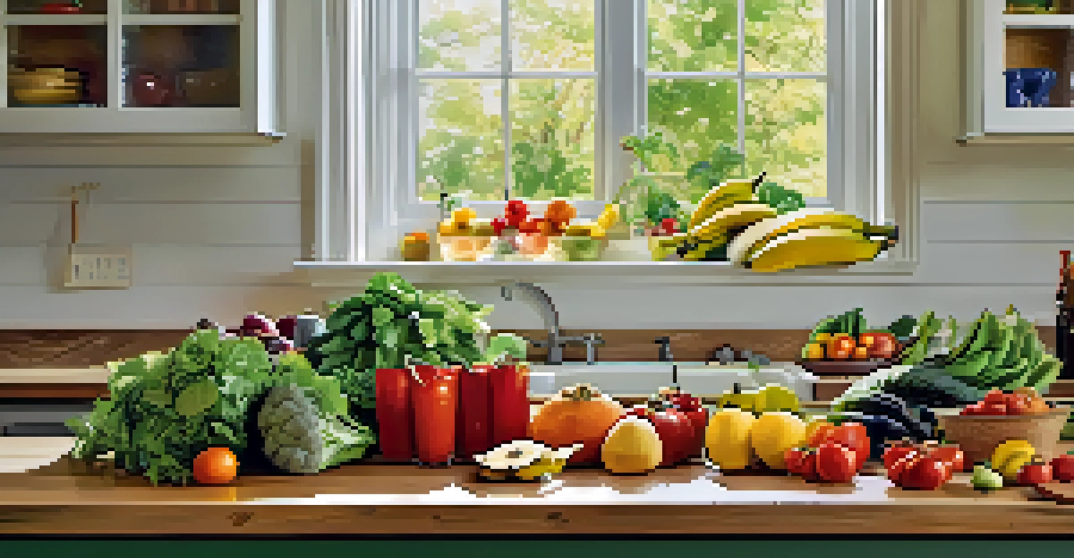 A kitchen countertop filled with fresh fruits and vegetables, including bananas and leafy greens, promoting a healthy lifestyle.