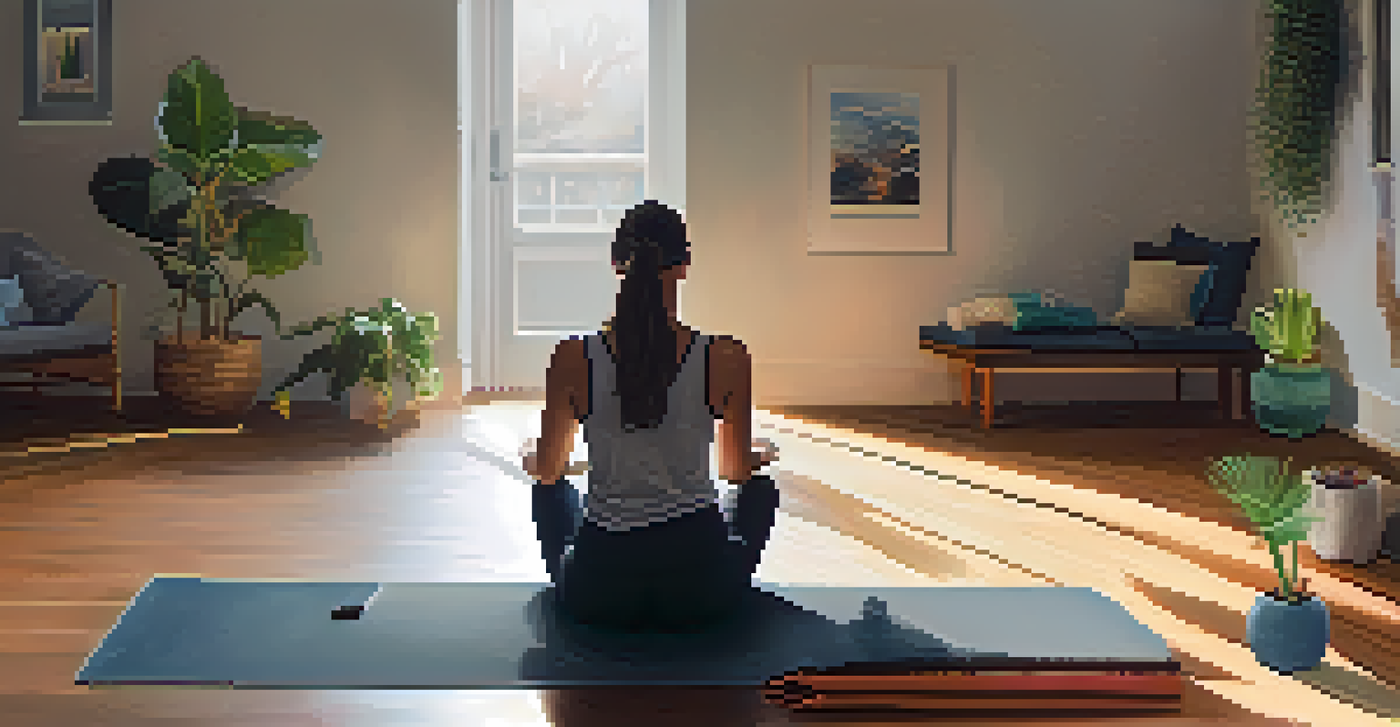 A split-screen image showing a person scrolling through social media looking anxious on one side, and practicing mindfulness in a sunlit room on the other.