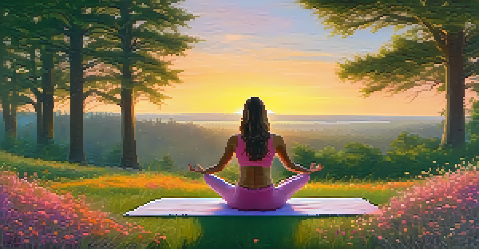 A person doing yoga in a grassy field at sunrise, surrounded by wildflowers and bathed in soft morning light.