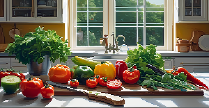 A kitchen countertop filled with fresh fruits and vegetables, a cutting board, and a knife, illuminated by soft natural light.