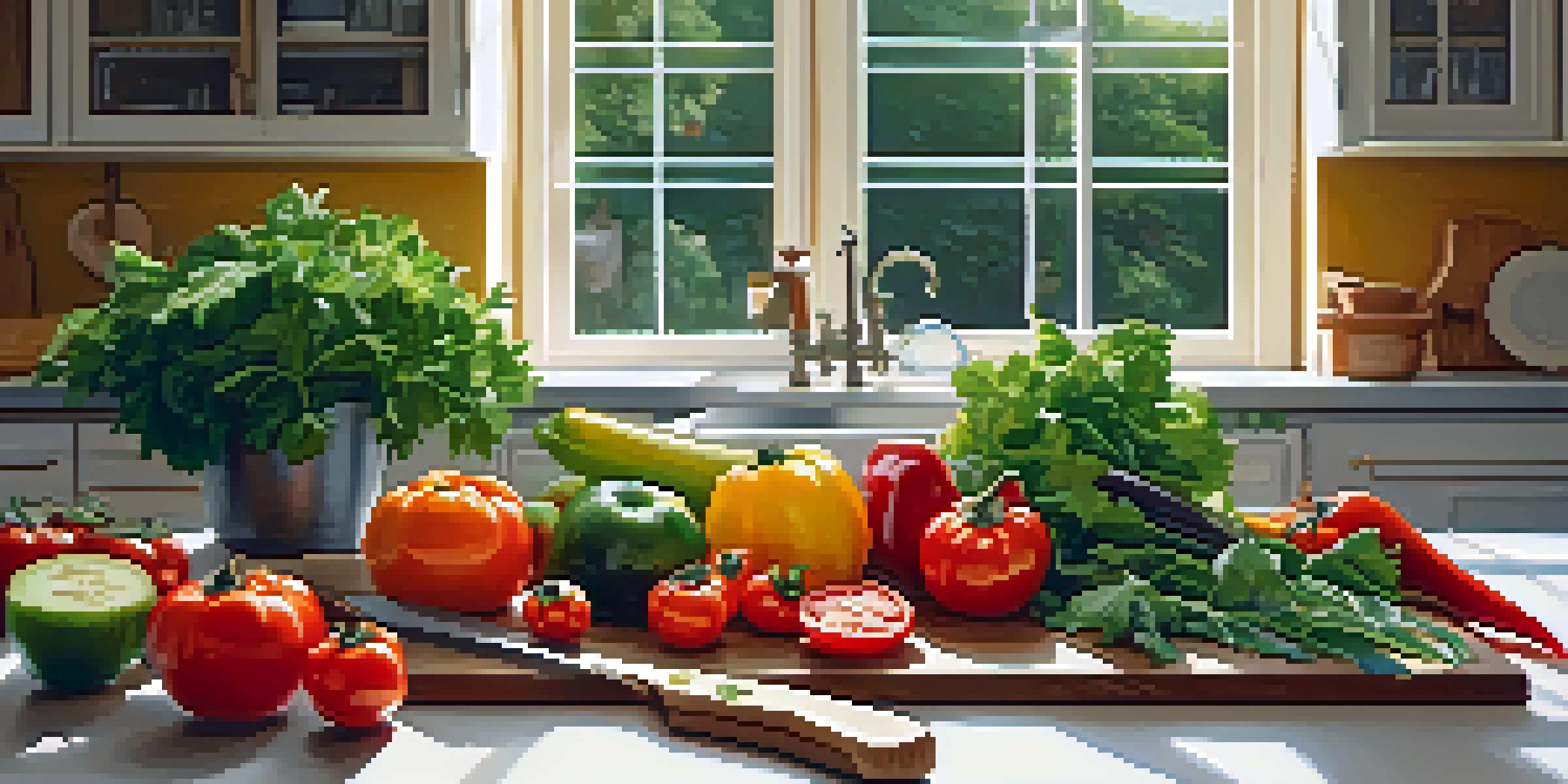 A kitchen countertop filled with fresh fruits and vegetables, a cutting board, and a knife, illuminated by soft natural light.