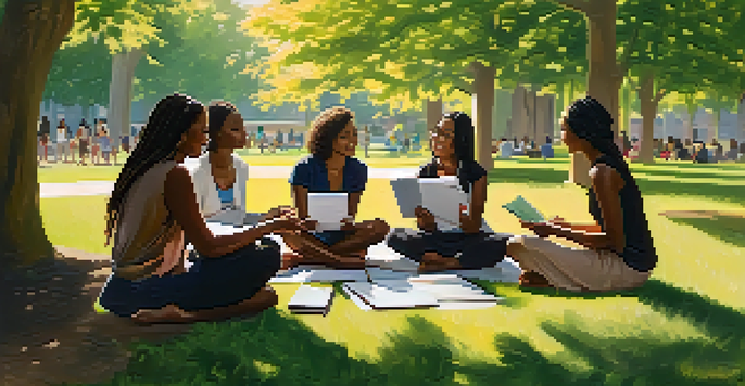 A diverse group of women discussing health education in a sunlit park, surrounded by greenery.