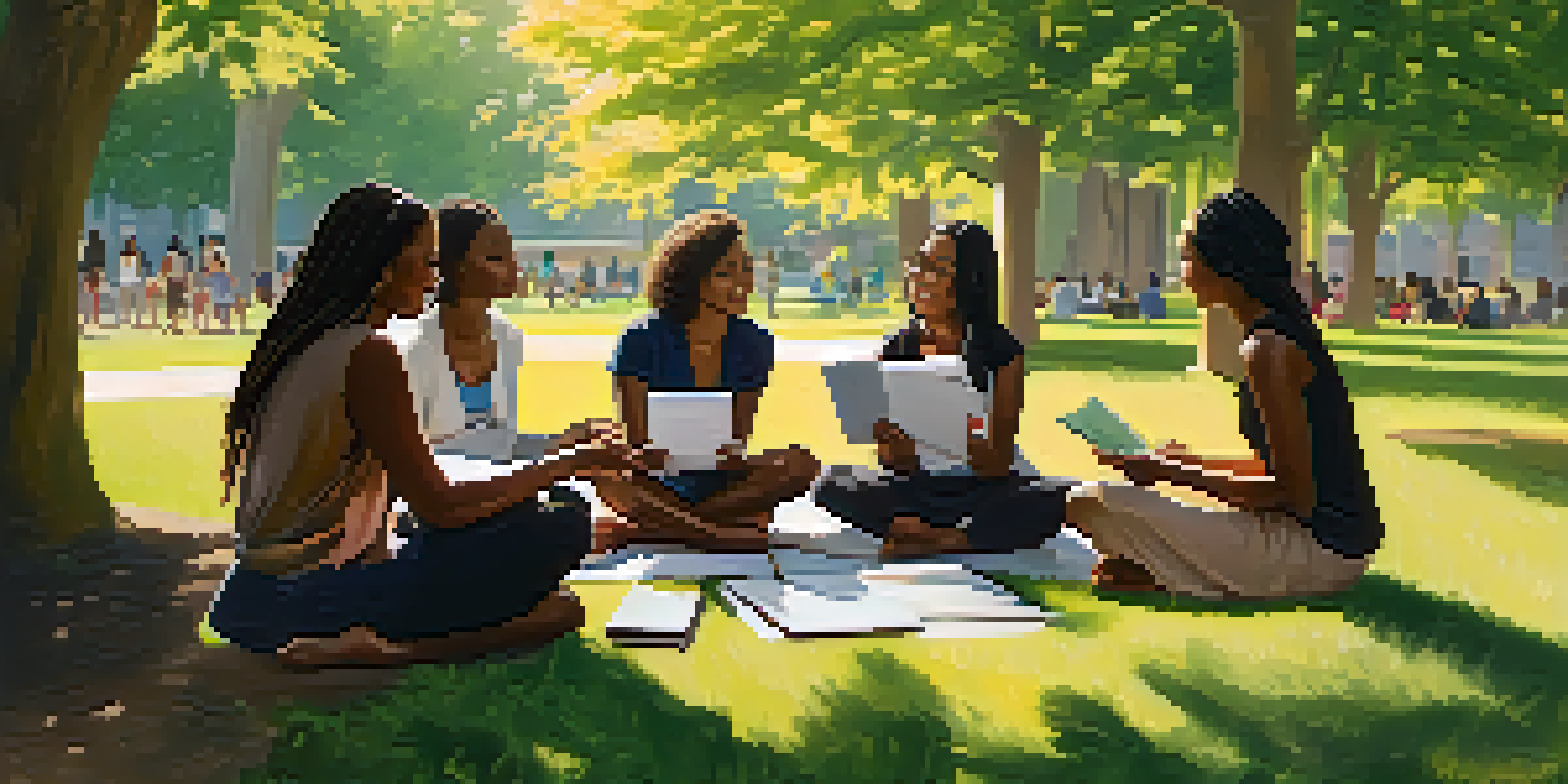 A diverse group of women discussing health education in a sunlit park, surrounded by greenery.