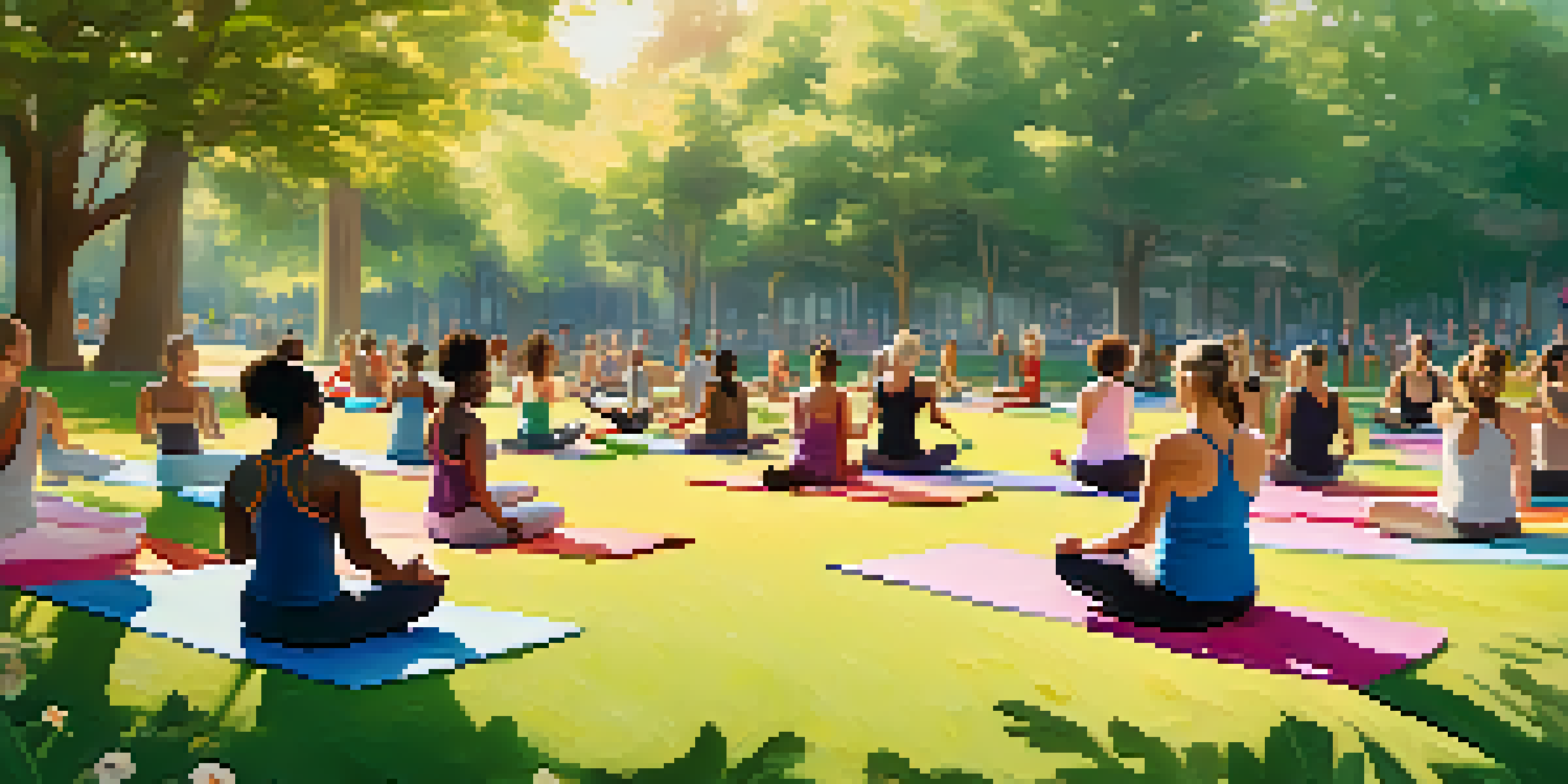 A wellness coach guiding a diverse group in a fitness class in a sunny park, with participants practicing yoga on colorful mats surrounded by greenery.