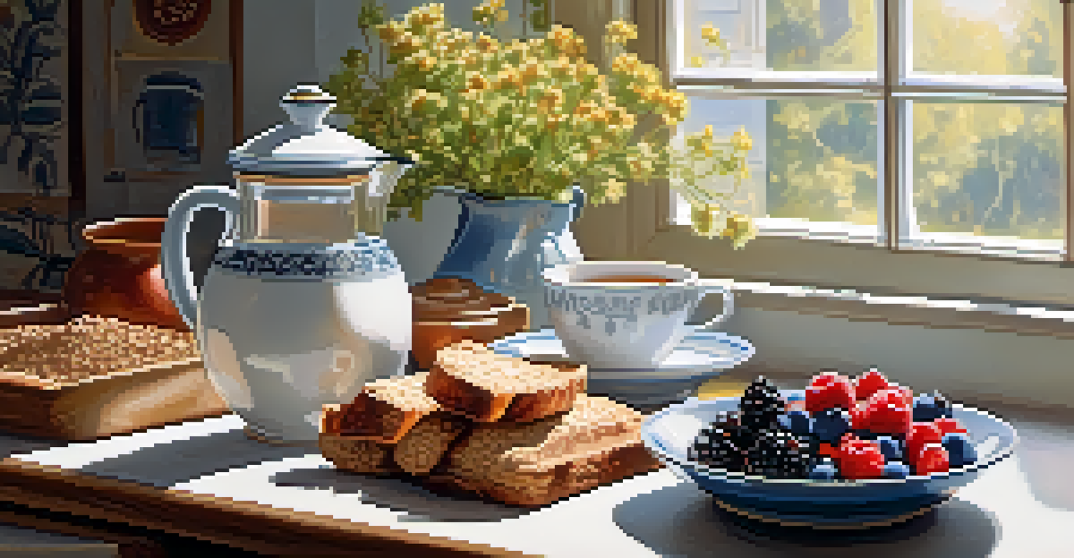 A bowl of oatmeal topped with berries and nuts, accompanied by a cup of herbal tea in a bright kitchen.