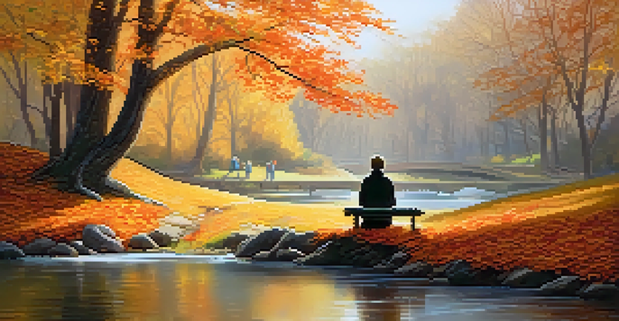 A peaceful park in autumn with colorful leaves and a stream, featuring a person meditating on a bench.