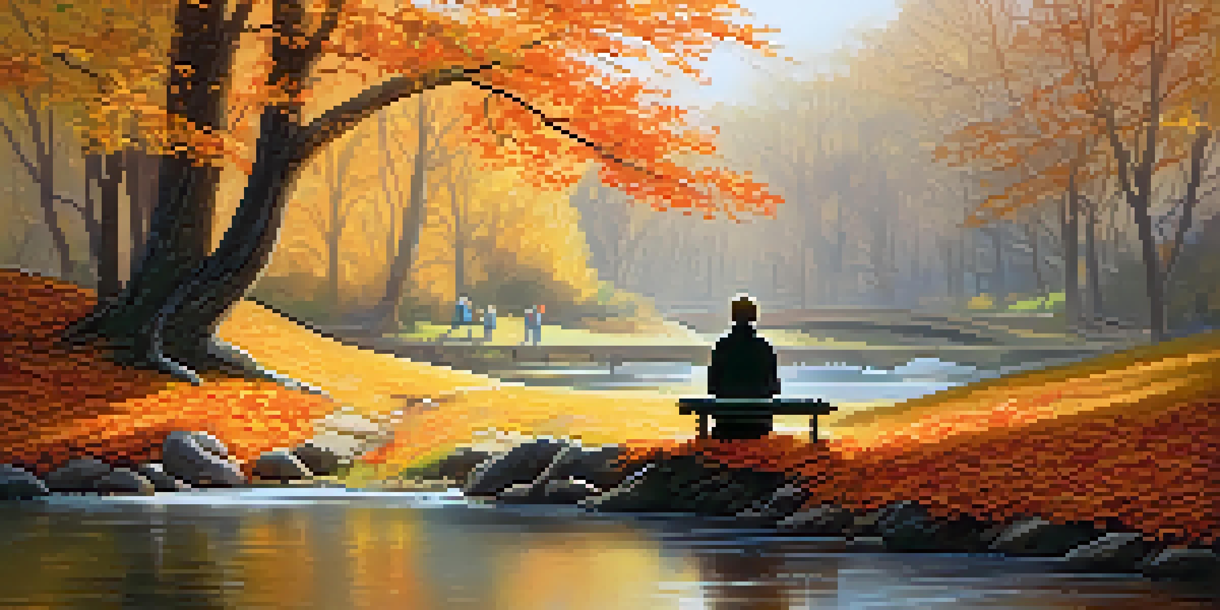 A peaceful park in autumn with colorful leaves and a stream, featuring a person meditating on a bench.