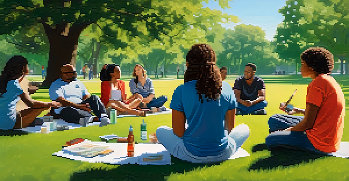 A diverse group of people sitting in a circle in a park during a smoking cessation support group, surrounded by greenery and sunlight.