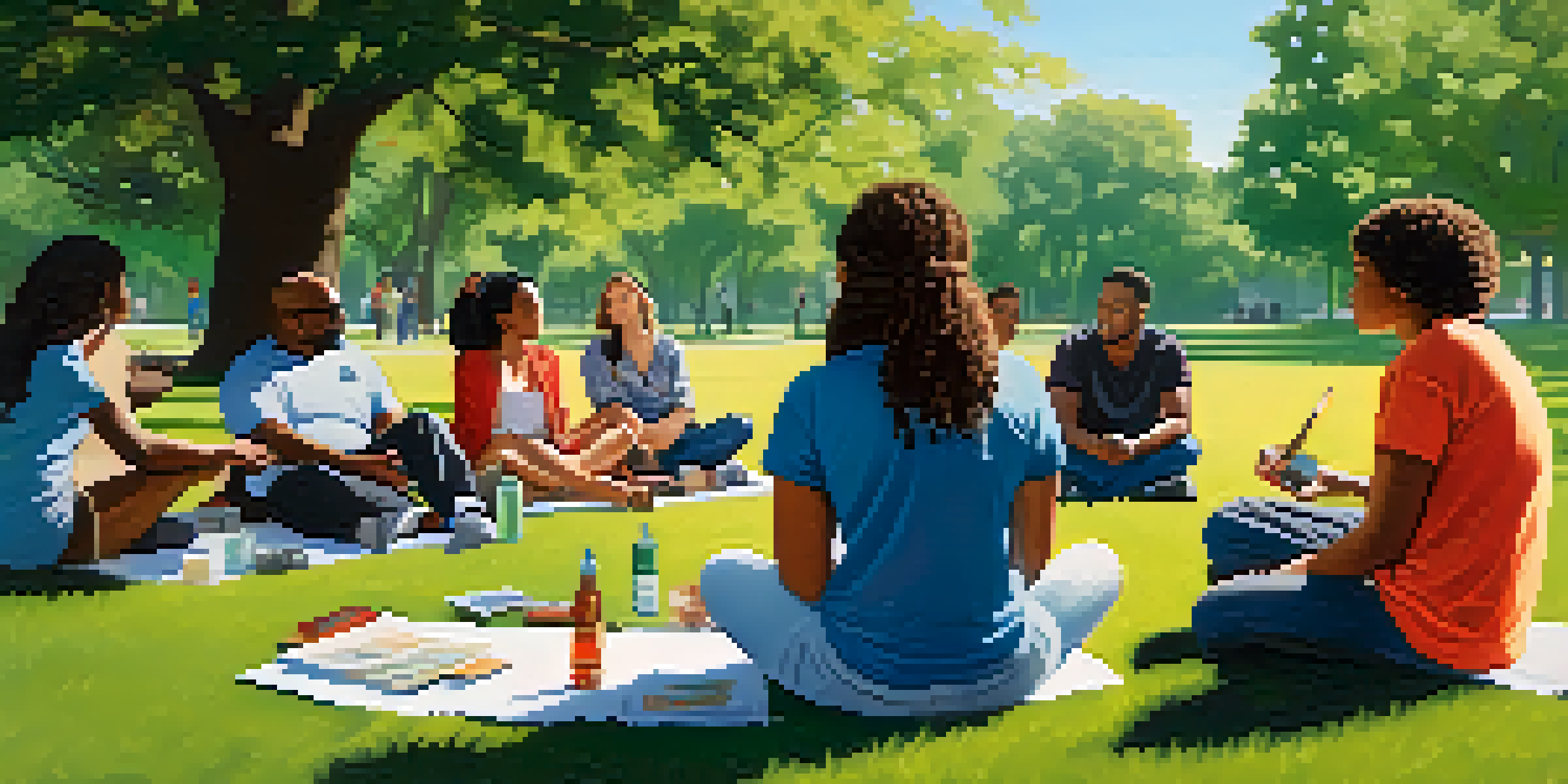 A diverse group of people sitting in a circle in a park during a smoking cessation support group, surrounded by greenery and sunlight.
