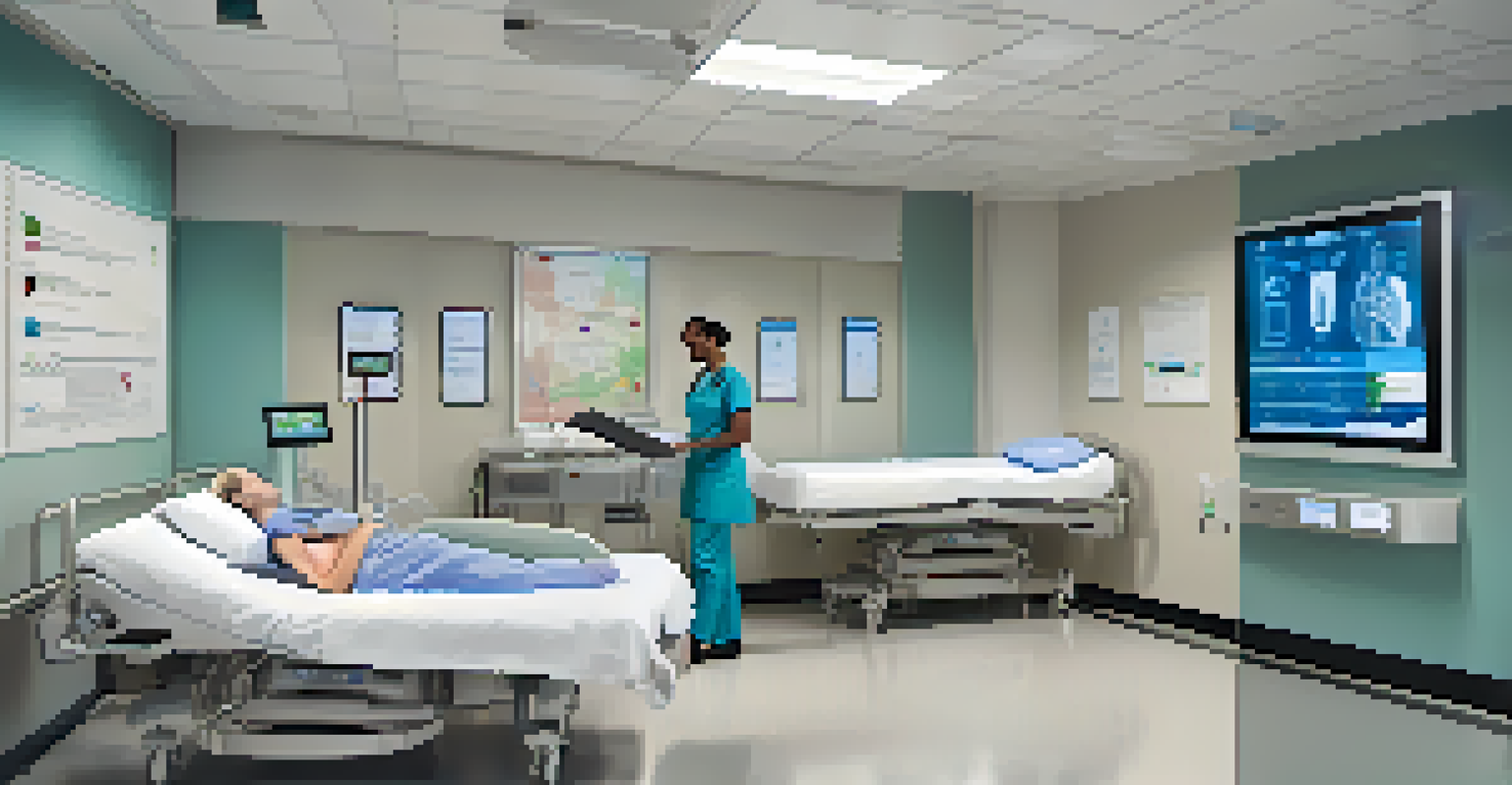 A nurse using an AI-powered electronic health record system in a modern hospital room, with digital screens displaying patient information.