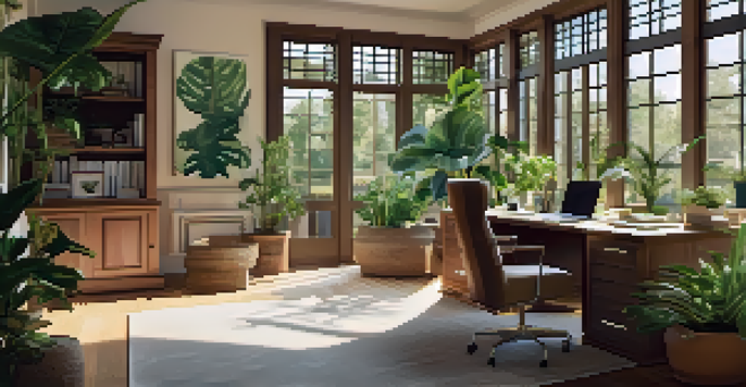 A bright home office with large windows, natural wood furniture, and plenty of indoor plants, creating a peaceful and inviting workspace.